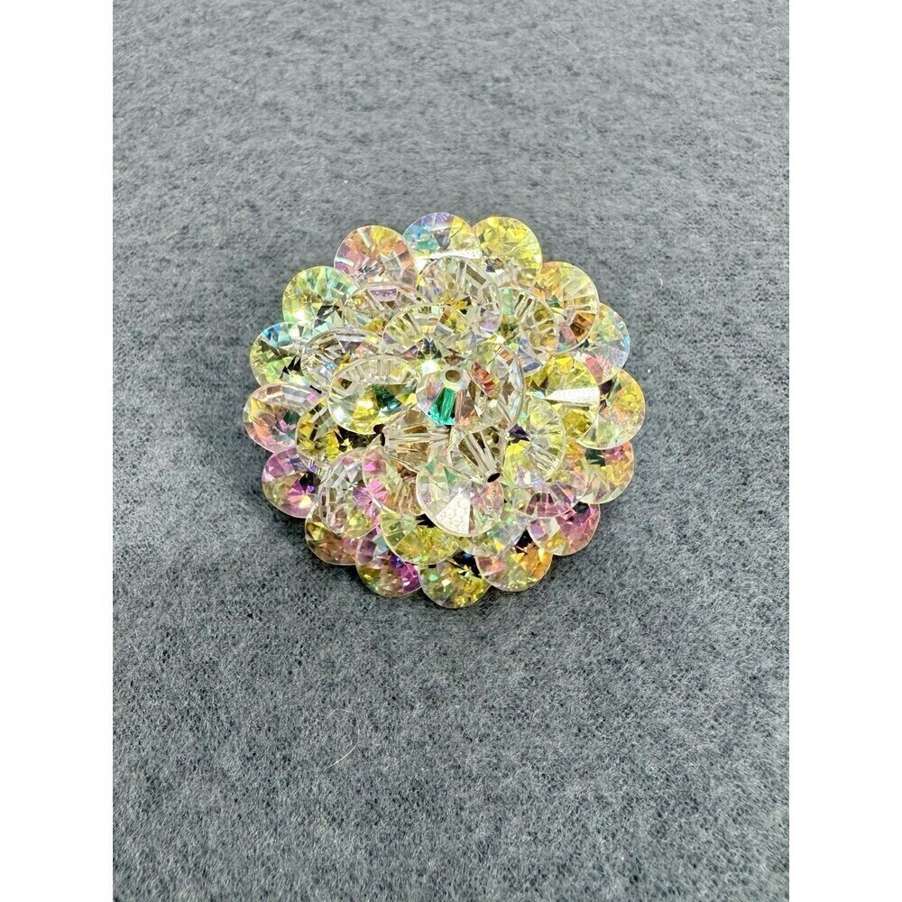 Vintage Iridescent Beaded Layered Brooch Pin Flower Aurora Borealis Statement